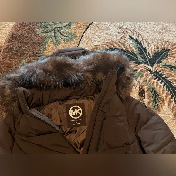Michael Kors Chocolate Winter Puffer Coat MK Jacket Fur Hood Size S M L XL NWT - Picture 8 of 12